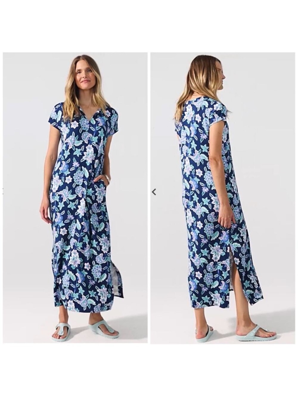 NWT $119 J. Jill Split-Neck Floral Blue Maxi Dress Women’s SP